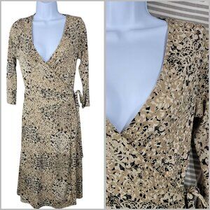 Vintage Y2K Parellel Wrap Dress Medium Stretch Tie Waist Floral Midi Tan Ruched
